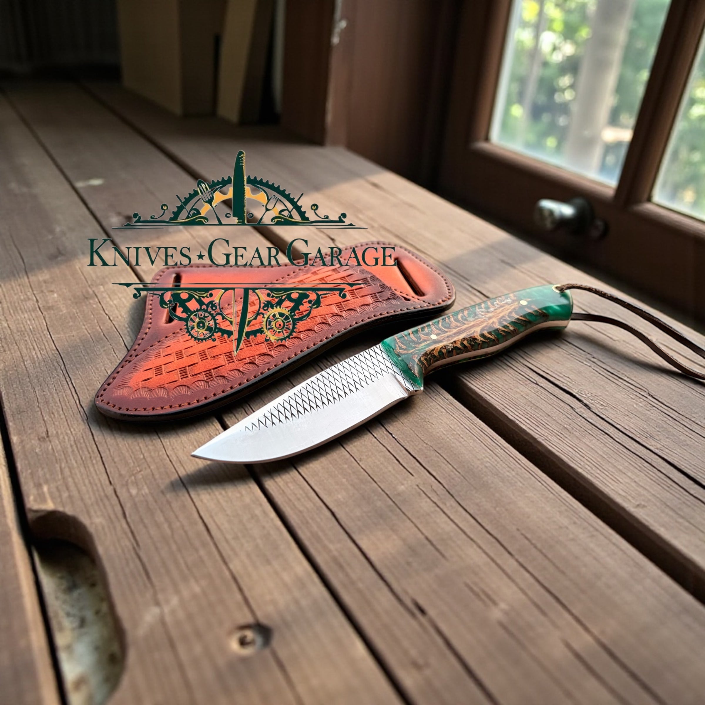 Western Knife and Sheath – 8" Handmade Rasp Steel Blade with Green Epoxy Resin Handle - Escape_realityedc