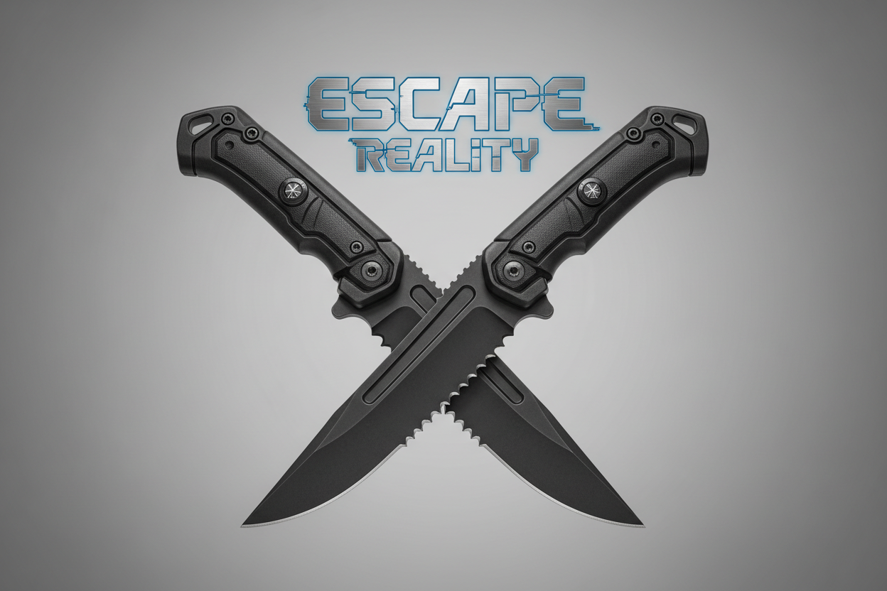 2 knifes crossing each other like an X with "Escape Reality" Logo 