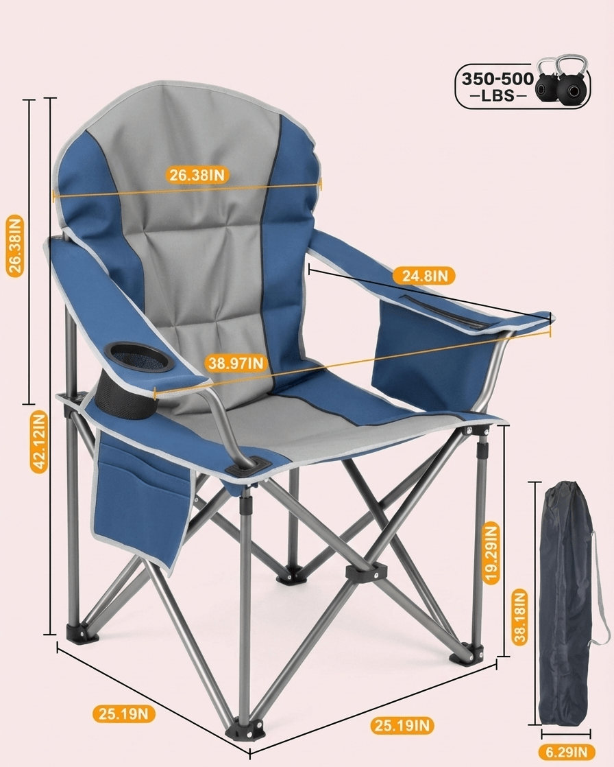 500 lbs Heavy Duty Folding Camping Chair w/ Cup Holder & Cooler Bag | Portable Outdoor Beach Seat - Escape_realityedc