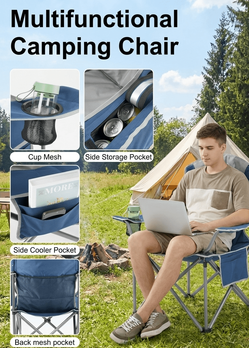 500 lbs Heavy Duty Folding Camping Chair w/ Cup Holder & Cooler Bag | Portable Outdoor Beach Seat - Escape_realityedc