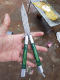 Custom Handmade Damascus Balisong Butterfly Knife – Pakkawood Handle w/ Leather Case